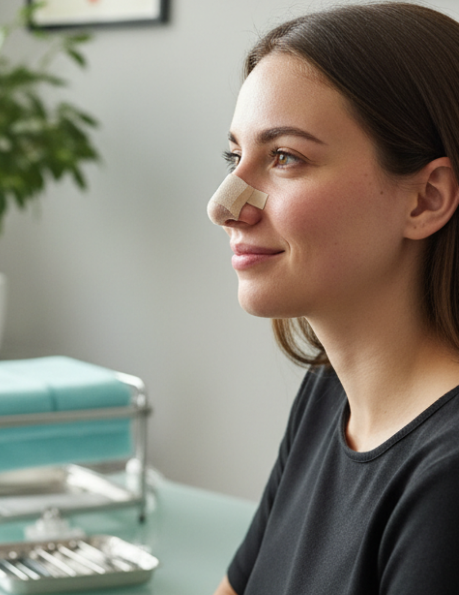 A smiling patient with a bandage on her nose, post-rhinoplasty
