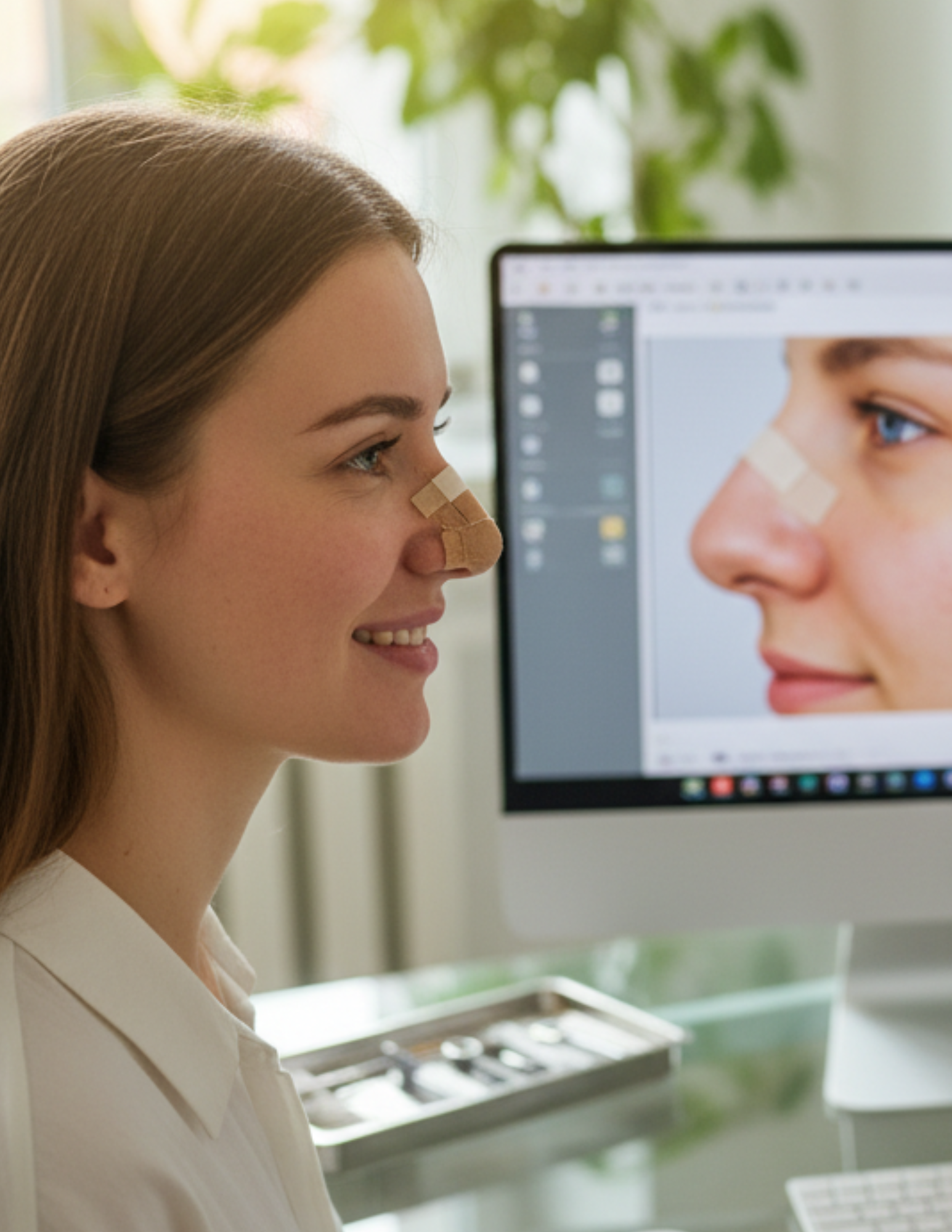 A patient looking at her before and after photos on a computer screen
