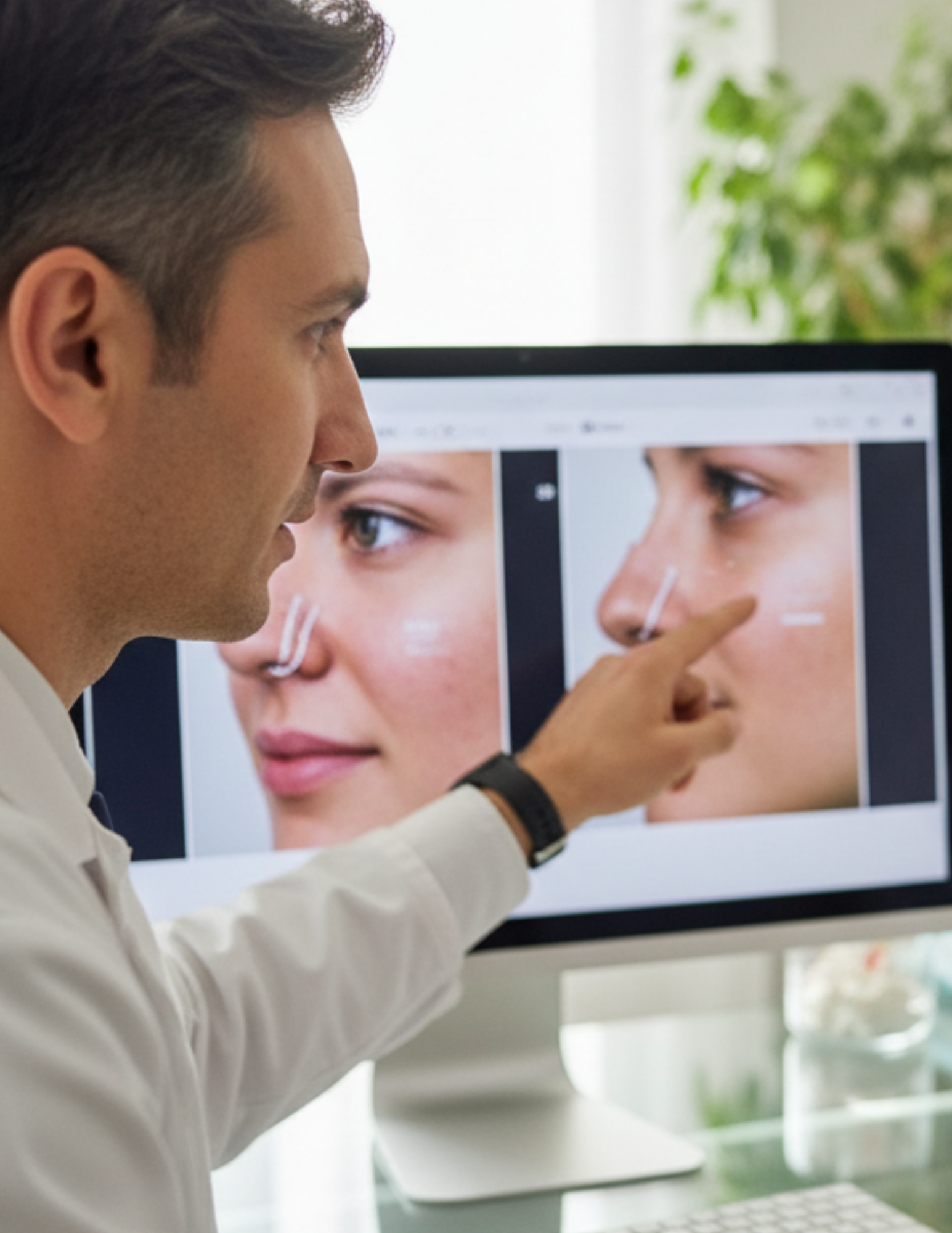 A doctor pointing at a screen showing before and after images to a patient